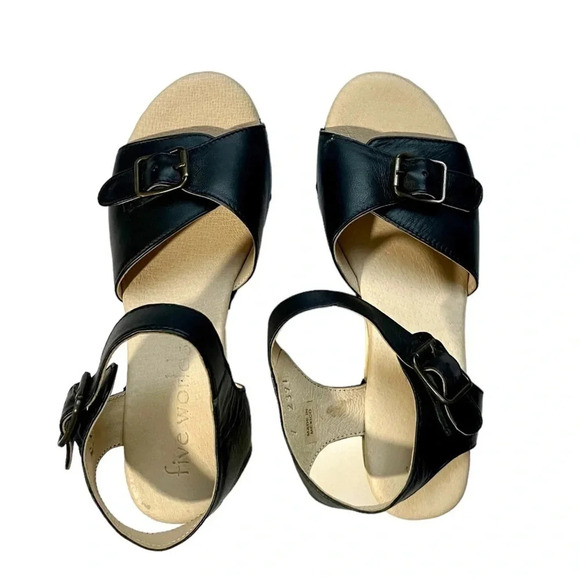 NEW Five Worlds Leather Open Toe Wooden Clogs - Picture 1 of 5